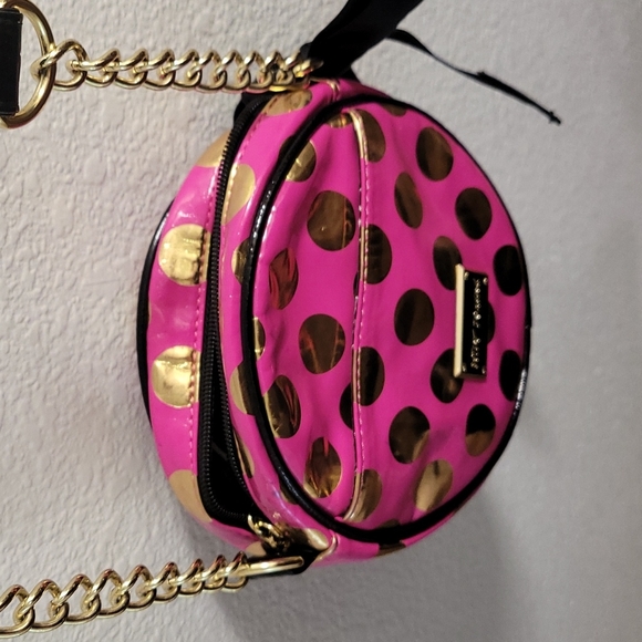 Betsey Johnson Pink Handbag with Gold Polka Dots and Black Bow and Strap - Picture 11 of 12